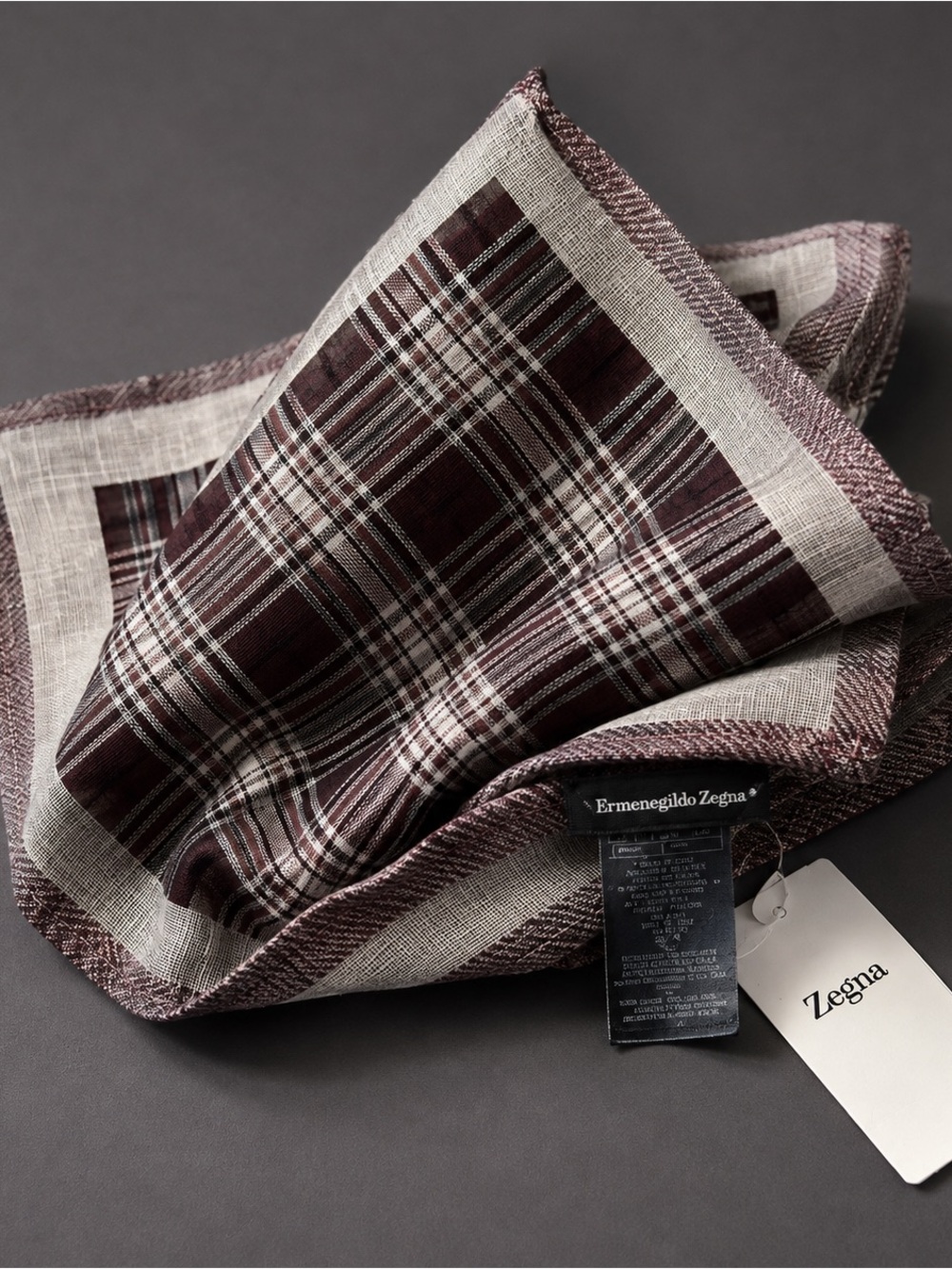 New $105 ERMENEGILDO ZEGNA Maroon Gray Plaid Check Linen Preppy  Pocket Square